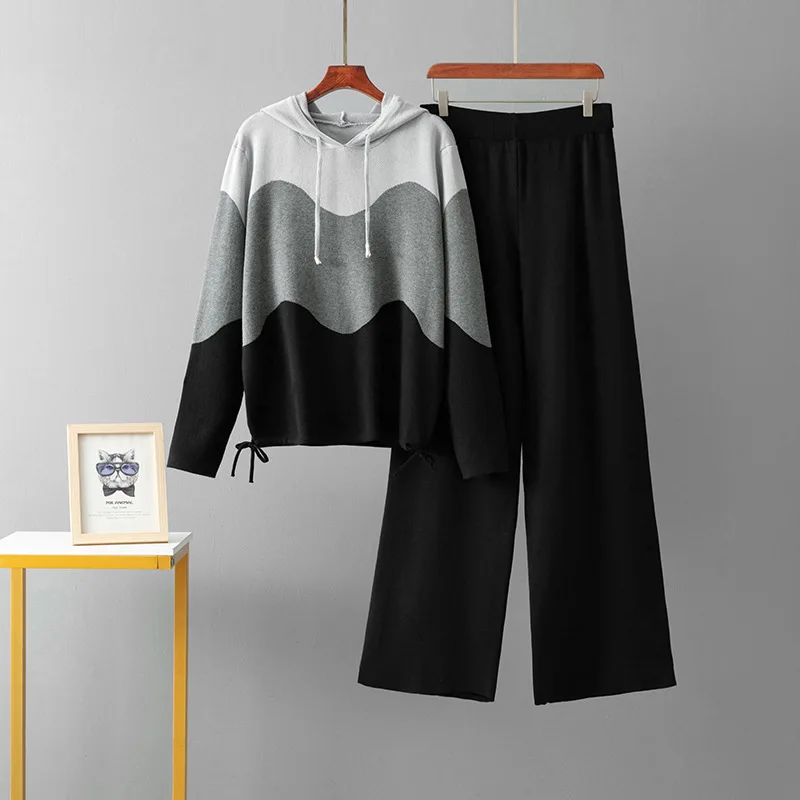 Koreańskie modne dzianinowe komplety dwuczęściowe damskie z kapturem, sweter w paski, bluzki, zestawy casualowe, spodnie proste z wysokim stanem.