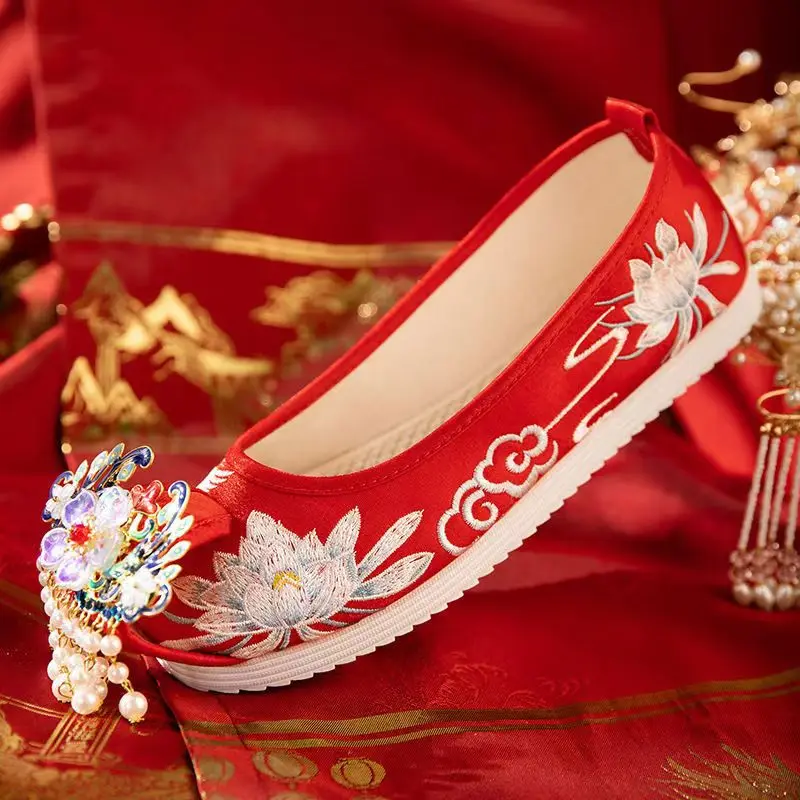 Women's Chinese Traditional Flat Sole Embroidered Red Wedding Shoe Soft Sole Slip On Elevation Inside Beaded Tassel Hanfu Shoes