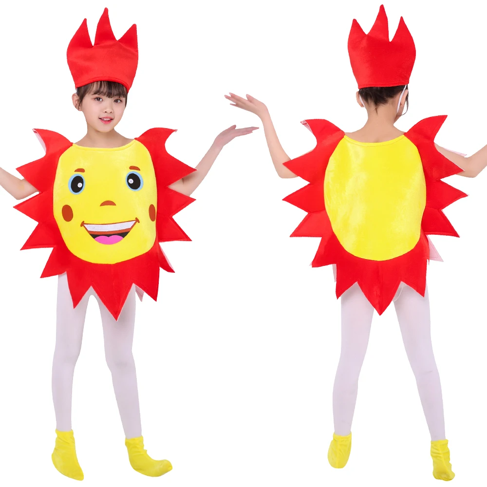 Costumes de performance solaire cool avec chapeau pour enfants, fruits et légumes, tenue de fête d'anniversaire pour garçons et filles, été