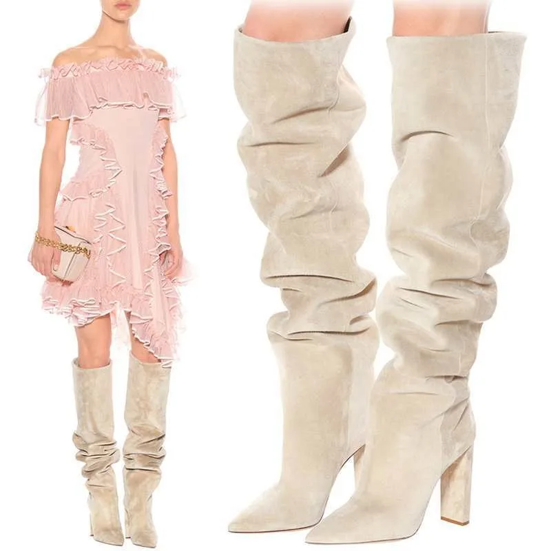 

Европейские и американские минималистичные модные универсальные женские сапоги до колена на высоком каблуке с рукавами, утягивающие и плиссированные туфли с острым носком