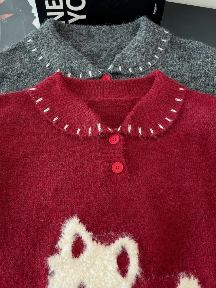 المرأة محبوك سترة رفض طوق الكرتون الكلب الخريف الشتاء الحلو سترة أنيقة على الموضة نمط Preppy الإناث سترة غير رسمية جديد