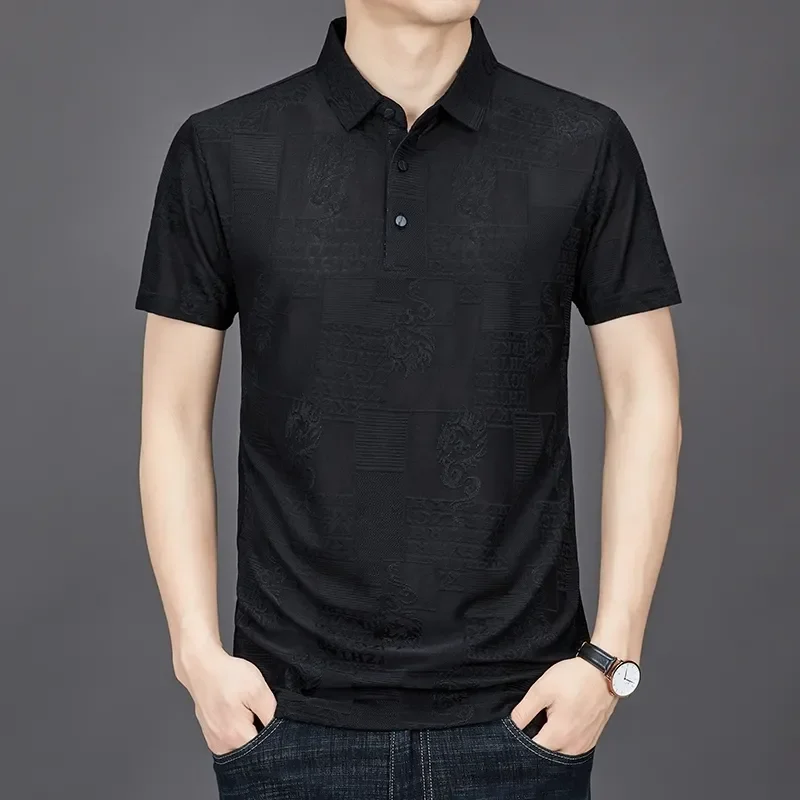 Men's Black Jacquard Polo Shirt with Dragon Pattern Short Sleeves and Button Placket