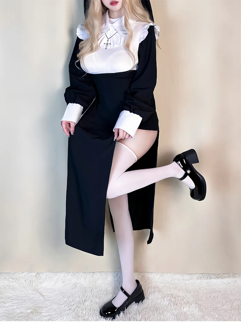 Cosplay Nun Costume Sexy Drag Nurse Costume Halloween Vampire Reaper Maid Plus Size Tight Babes Robe Comic Con