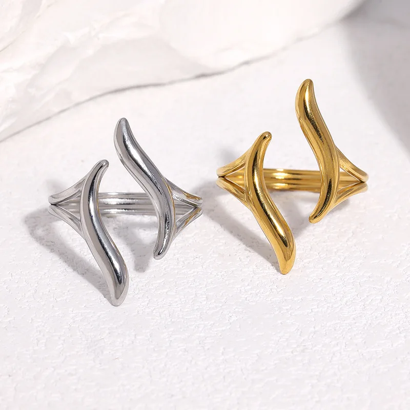 Simple Abstract Curve Open Ring Gold and Silver Stainless Steel Ring Personalized Trendy Jewelry for Daily Dating Wear By Women