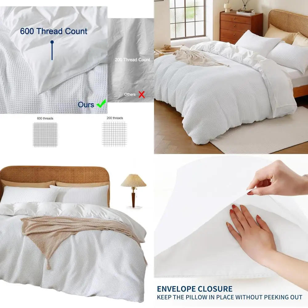 

Queen Size Egyptian Cotton Waffle Weave Duvet Cover Set, 600 Thread Count, 3-Piece Luxury Bedding, White, 90x90