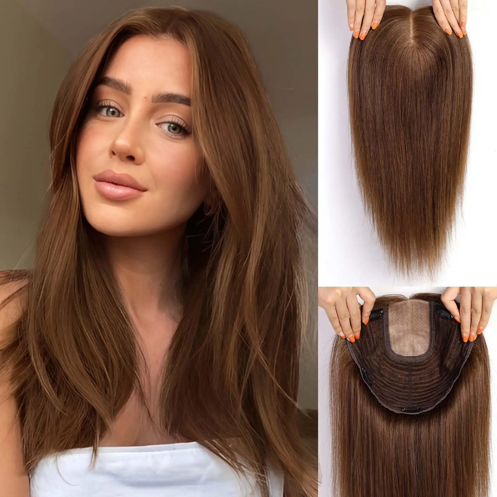 16 inch Bruin Ombre Menselijk Haar Toppers 9x9 inch 5 Clips Zijde Basis Natuurlijke Grote Basis Remy Haar Toppers in Extension Stuk voor Vrouwen