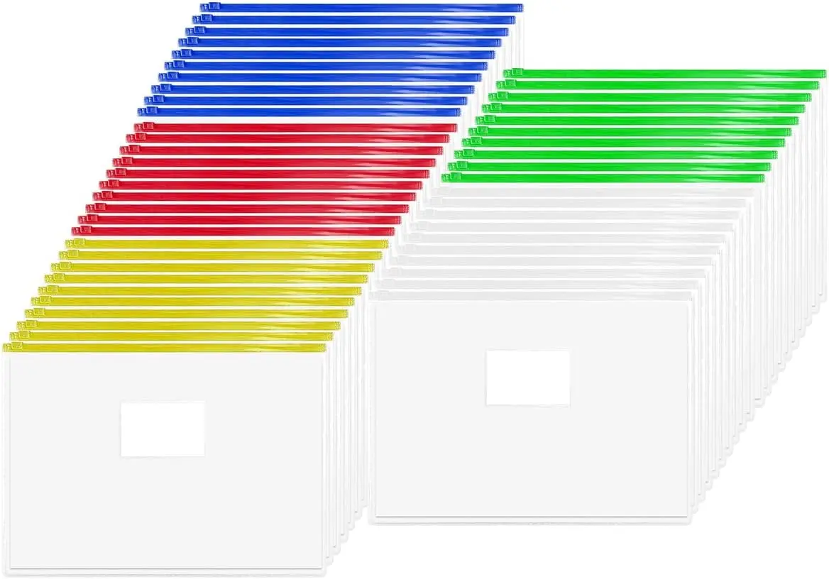 

50 шт. прозрачных полиэтиленовых пакетов-конвертов формата А4 с карманом для этикетки, многоразовые, водонепроницаемые, для офиса и путешествий