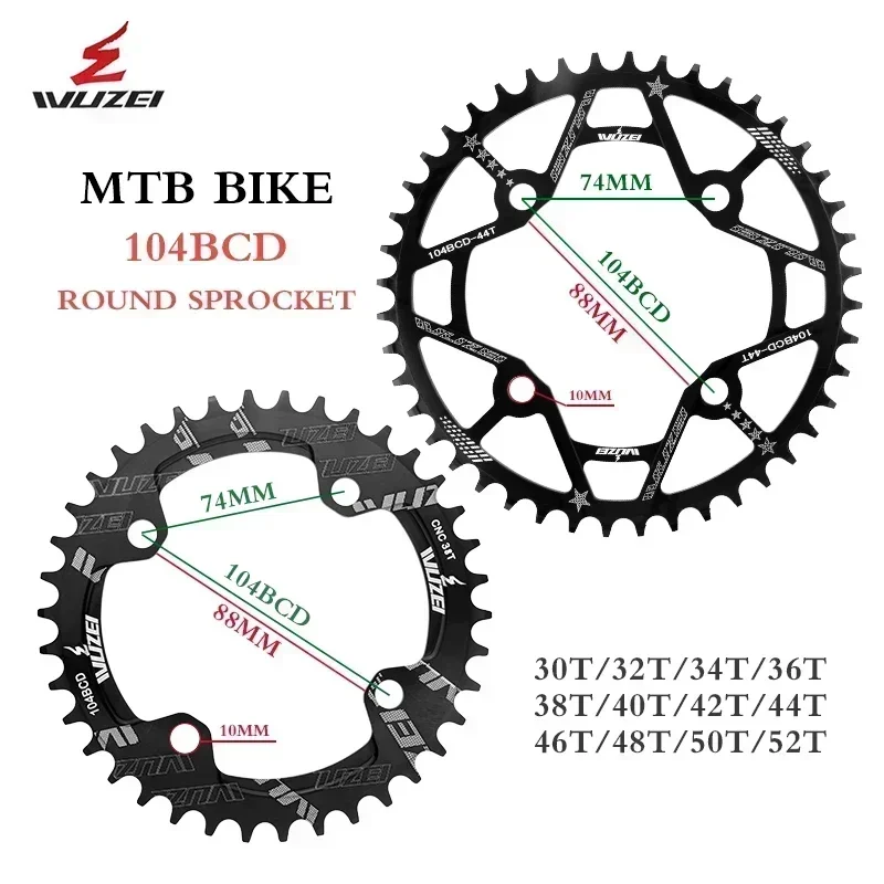 WUZEI MTB Bike 104BCD Chainwheel Narrow Wide Round Shape 30/32/34/36/38/40/42/44/46/48/50/52T Bicycle Chainring Single Plate