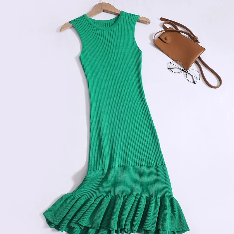 2024 nowa letnia koreański, dzianinowy szata Femme z okrągłym dekoltem bez rękawów z falbanami seksowna, dopasowana sukienka typu Bodycon elegancka Mini sukienka typu Vestidos