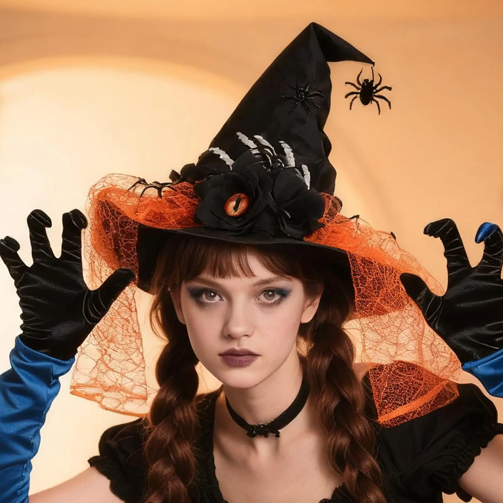 

Halloween Witch Hats Pointed Lace Finger Bone Cosplay Props Halloween Spider Adult Witch Hat For Prom Masquerade Event Party