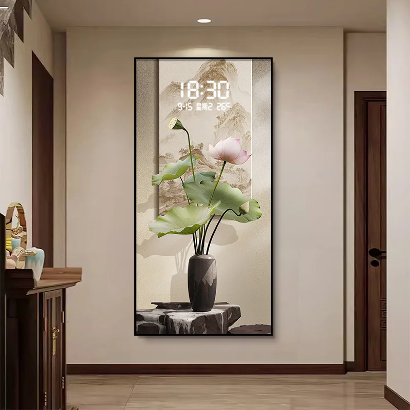 New Chinese style lotus entrance decoration painting, high-end electronic screen, living room corridor mural light