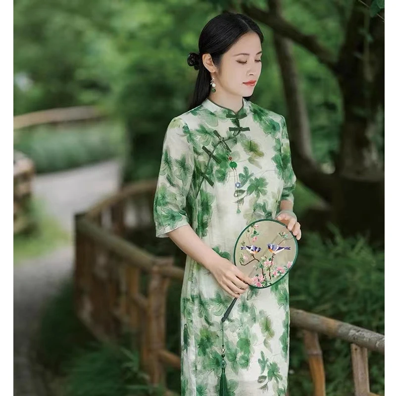 

Qipao 2024 New Improved Cheongsam Women's Summer Simple Elegant Retro Traditional Fational Chinese Style Flower Mid-Length Dress