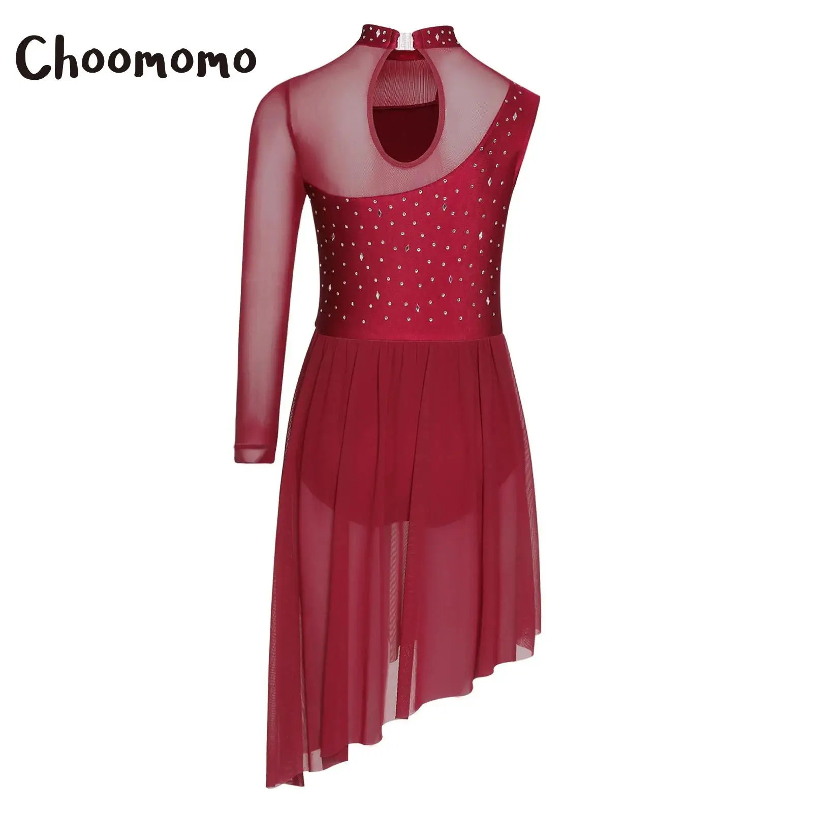 

Girls Gymnastics Figure Skating Ballet Lyrical Dance Costume Asymmetrical Side Split Sheer Mesh Rhinestones Contemporary Dress