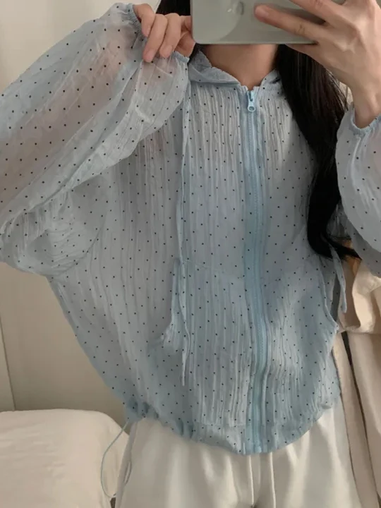 Polka Dot Printed Long Sve Women's Summer Fre Sle Anti UV Hat Jaet Korean Loose Fit Bubble Sve Zipper Closure o...