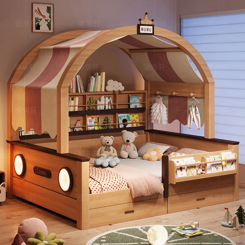 

Log color children's tree house bed integrated small apartment household tatami space saving tent bed with guardrail boys