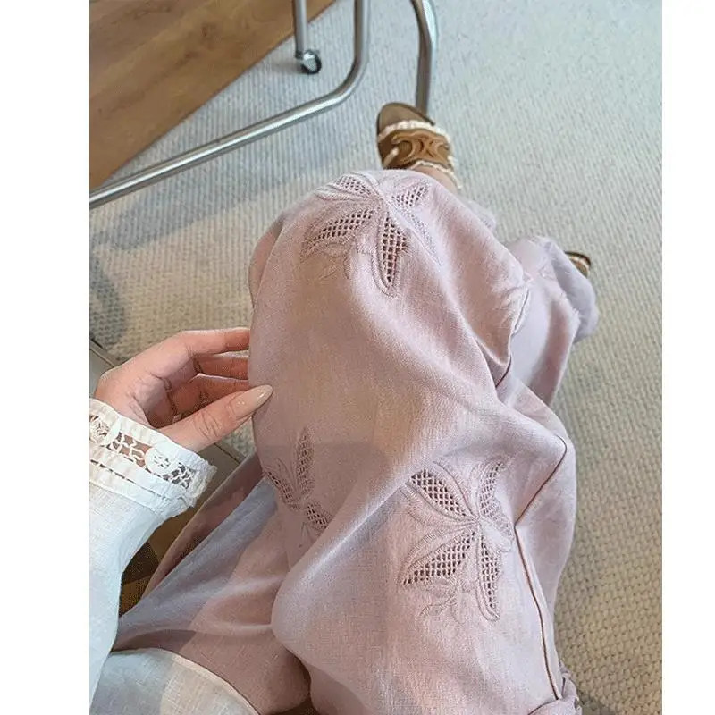 

Розовые широкие брюки с вышивкой и разрезом, женские летние универсальные повседневные прямые брюки нового дизайна