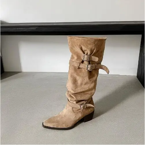 Drop Shipping Ladies Gray Apricot Suede Street Style Belt Buckles Women Pointed Toe Pleated 5 CM Chunky Heels Knee High Boots