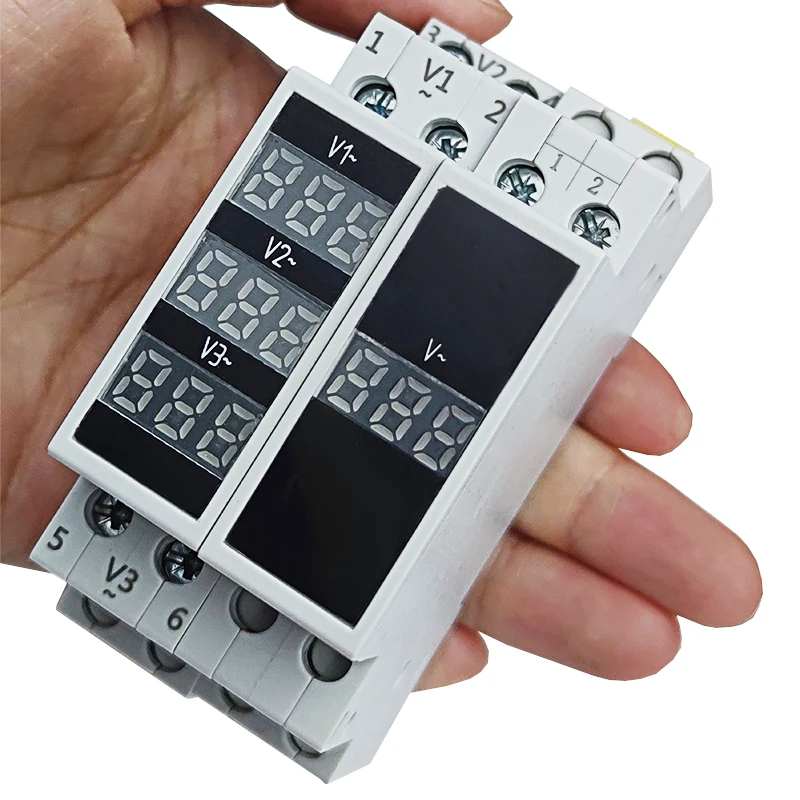 Medidor de Tensão Trilho Din com Display Digital Led Único e Trifásico Indicador de Voltímetro Modular Nv1p e Nv3p ac 80500v