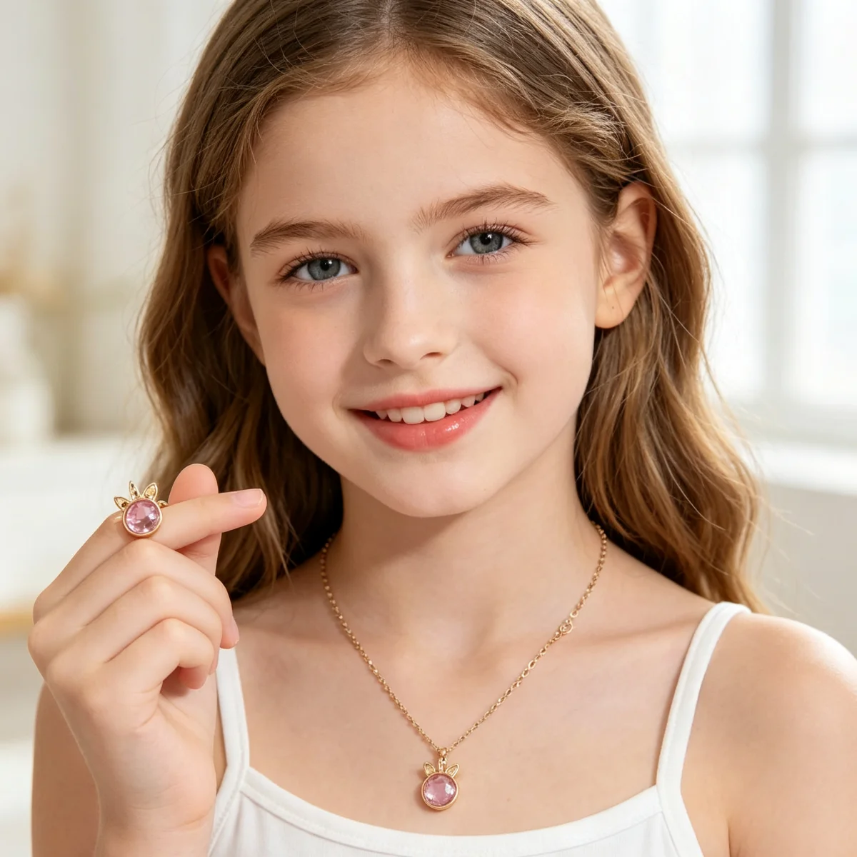 2Pcs Unicorn Necklace Ring Set for Girls Pink Blue Crystal Jewelry Princess Dress Up Pretend Play Birthday Party Gifts for Girls