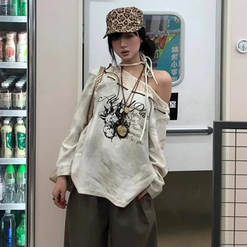 

Hot Girl Off-Shoulder Long-Sleeved T-Shirt Women Spring New Design Mesh Patchwork Loose Casual Yabi Style Off-Shoulder Y2k Top