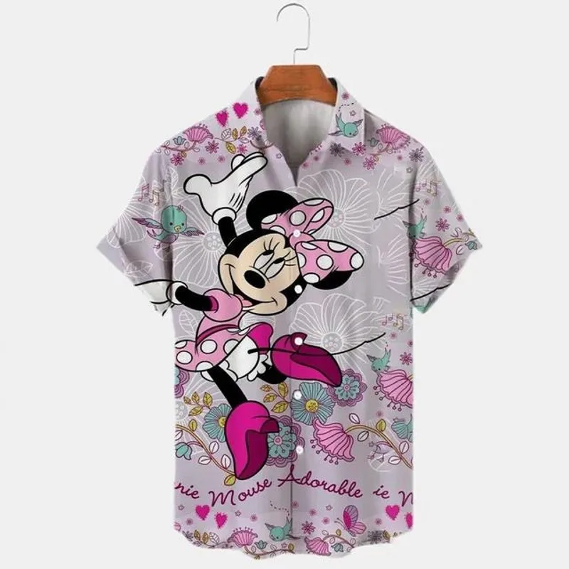 New 2024 Summer Disney Harajuku Slim Fit 3D Printing Men Button Short Sleeve Lapel Mickey Minnie Casual Cute Shirt Y2k