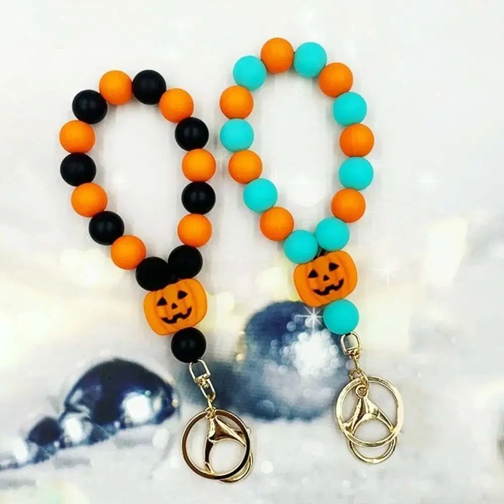 Pumpkin Luminous Ghost Keychain Silicone Fluorescent Beads Keyring Jewelry Anti-Loss Halloween Ghost Pendant Halloween Gifts