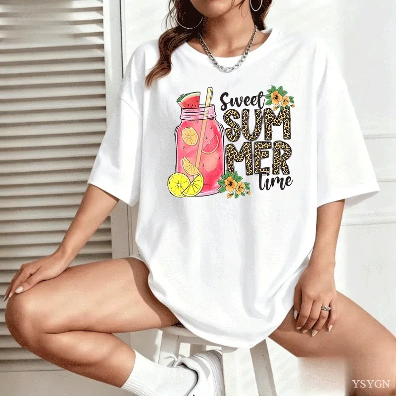 Sweet Summer Time T-Shirt Women Funny Leopard Print T Shirt Watermelon Cocktail Tshirt Cotton Short Sleeve Clothing Tops