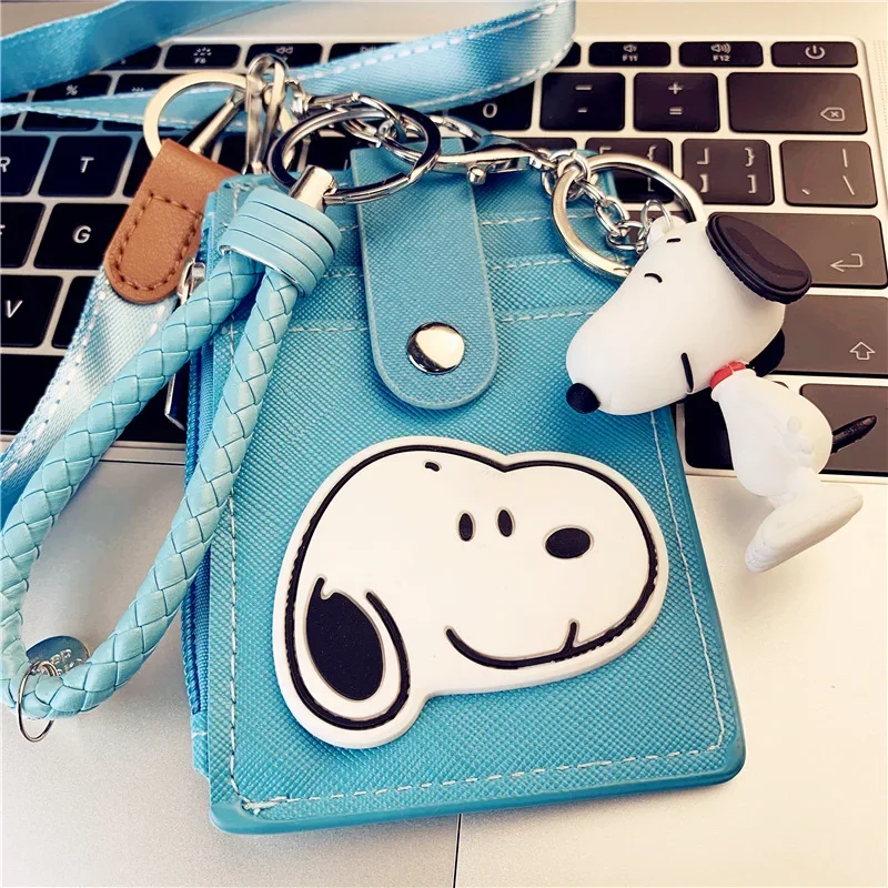 Snoopy Portable Card Holder Keychain Doll Women ID Card Name Card Case PU Leather Men Key Ring Anime Girl Wallet Lanyard Cover