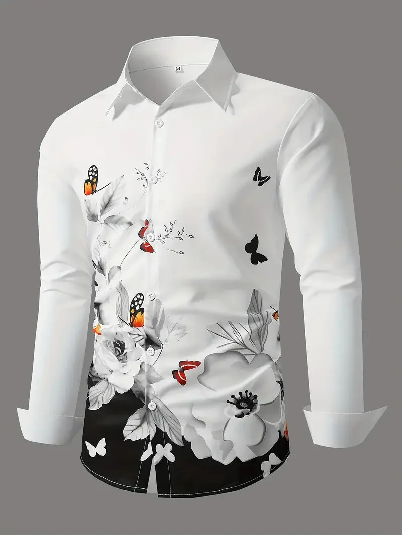 3D Printing Butterfly Flower Collar Men's Shirt Long Sleeve Button Casual Sports Shirt Fashion Comfort Top