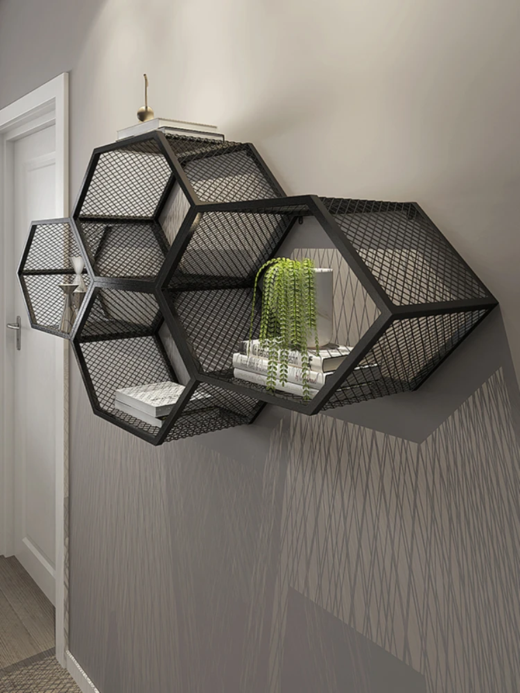 Nordic Iron Hexagonal Wall Golden Storage Rack Creative Lattice Frame Artistic Living Room Light Luxury Storage Rack Bookshelf