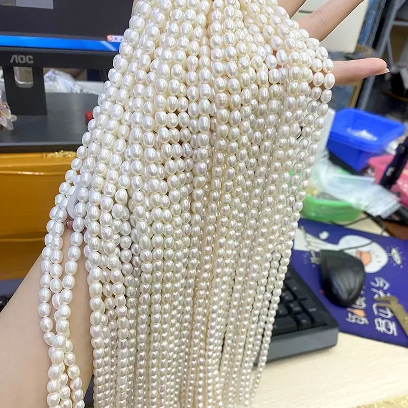 Medium Good Quality Natural Freshwater Pearl Rice Shape Loose Beads for Women DIY Jewelry Making Necklace 5strands/lot