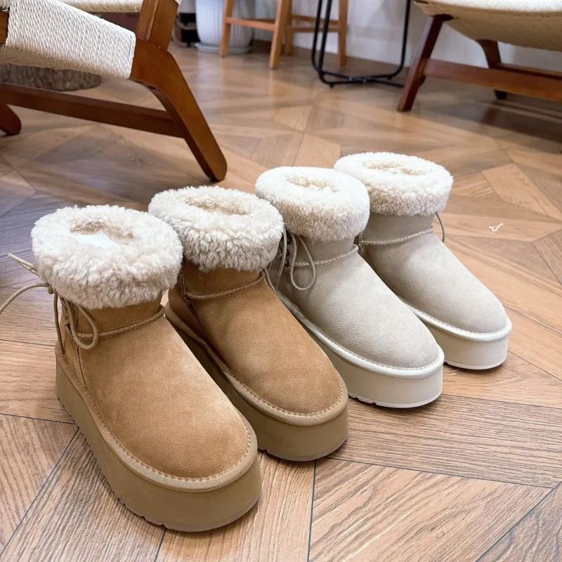 Winter popular fur integrated snow boots with short legs and butterfly bows, height increasing and plush warm cotton shoes
