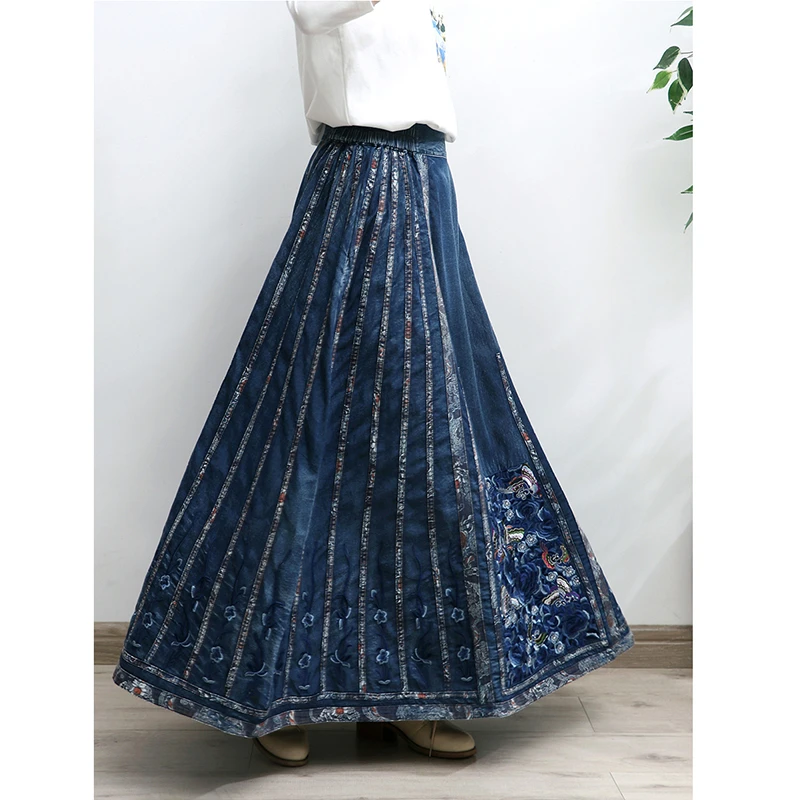 25 New Arrival Autumn Women Casual High Waist Embroidered A-line Skirt Loose High-quality Cotton Denim Ankle-length Skirts Y224