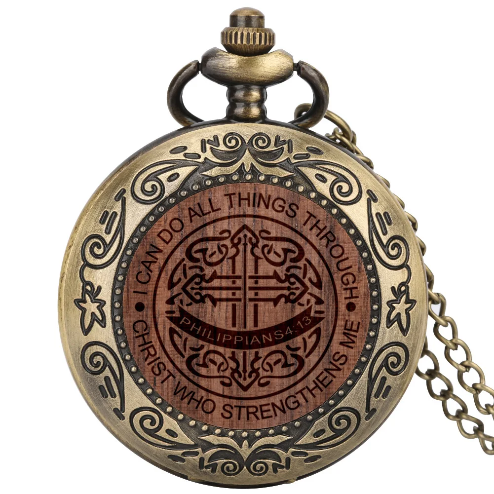 I Can Do All Things Through Christ Who Strengthens Me Bible Philippians 4:13 God Jesus Christian Wooden Pocket Watch Men Clock