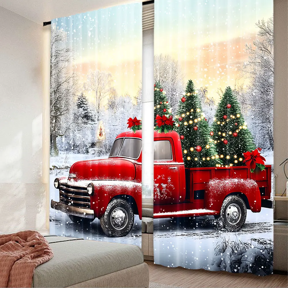 

2Pcs Christmas Curtain Red Truck Winter Snowy Forest Tree Xmas Santa Snowflake Party Decorations For Living Room Bedroom