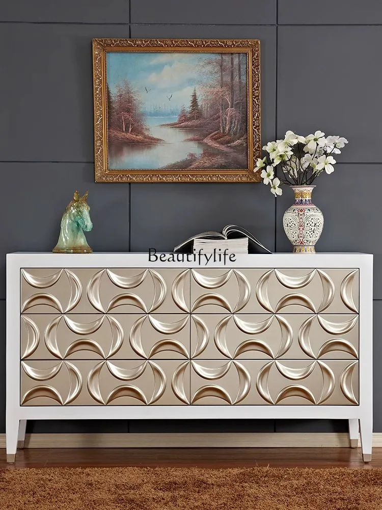 American Living Room Entrance Cabinet New Classical White Solid Wood Three-Dimensional Carved European Style Sideboard Cabinet