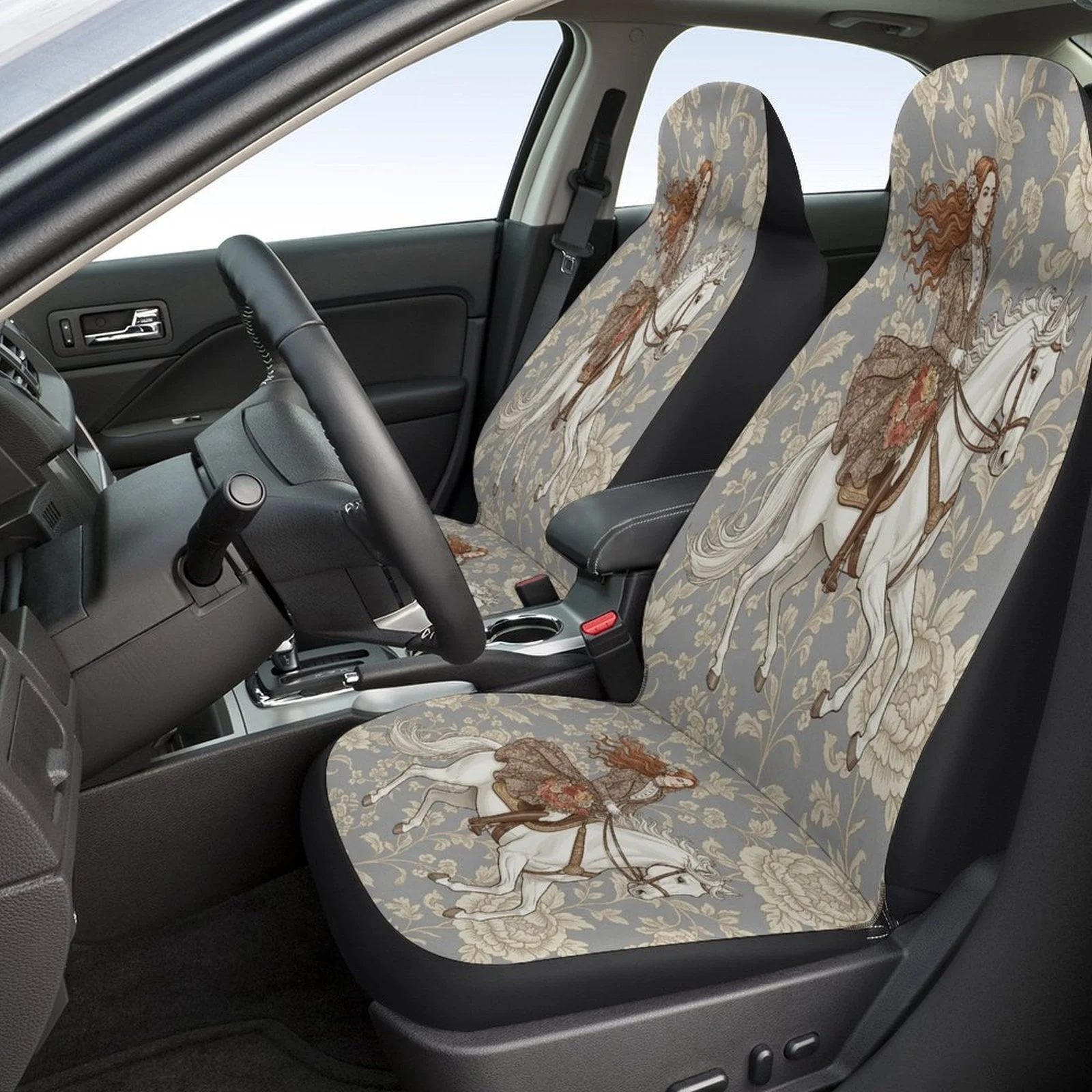 Stylish Car Seat Covers Featuring A Graceful Rider On A White Horse, Suitable For Various Vehicles. These Trendy And Breathable