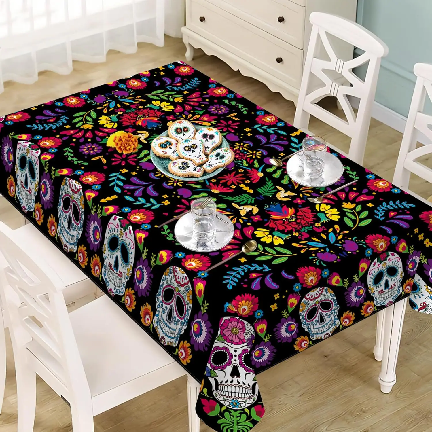 Dia De Los Muertos Sugar Skull Flower Rectangle Tablecloth Mexican Day of The Dead Kitchen Dining Table Cloth Fiesta Party Decor