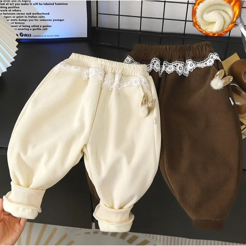 Winter Girls Warm Corduroy Pants New Kids Thick Velvet Trousers Fashion Lace Splicing Pants Children Casual Loose Sports Pants