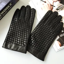 Lambskin Glove For Men Winter Male High End Hand Knitted Plush Thicken Warm Motorcycle Mittens Outdoor Rhombus Suede Gant Hombre