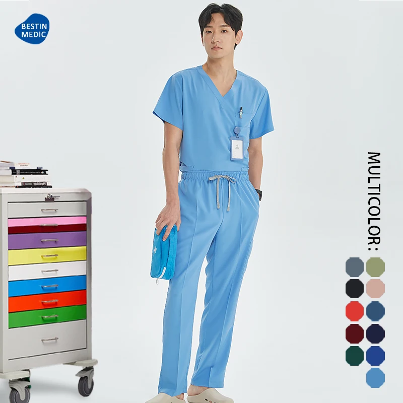 Basic Scrub Uniform Nurse Workwear 4-way Stretch Dental Clinic Nursing Suit 8-Pocket V-neck Top Medical Uniform Doctor Outfit