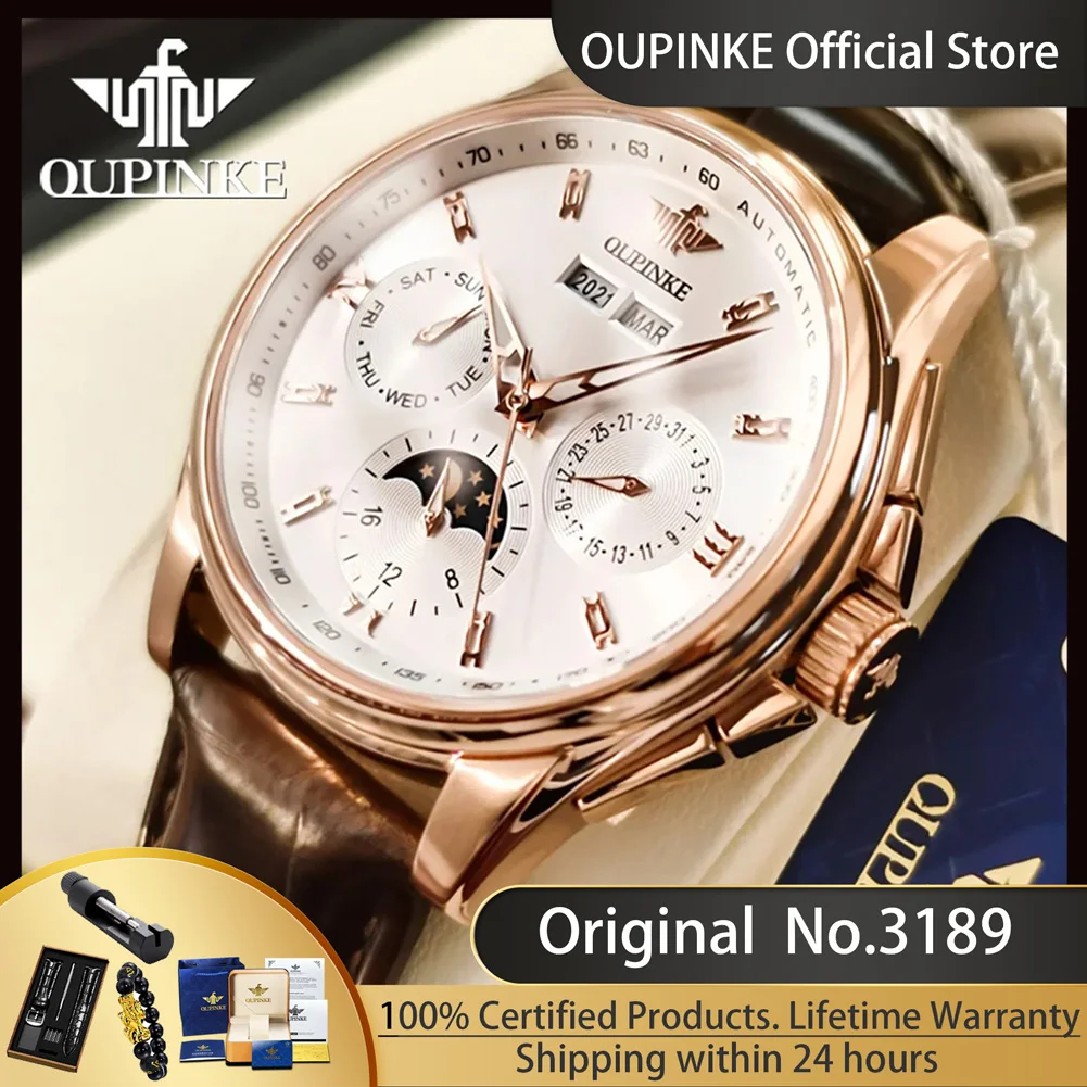 OUPINKE 3189 Automatic Watch for Men Genuine Leather Strap Waterproof Moon Phase Man Watches Luxury Men\'s Mechanical Wristwatch