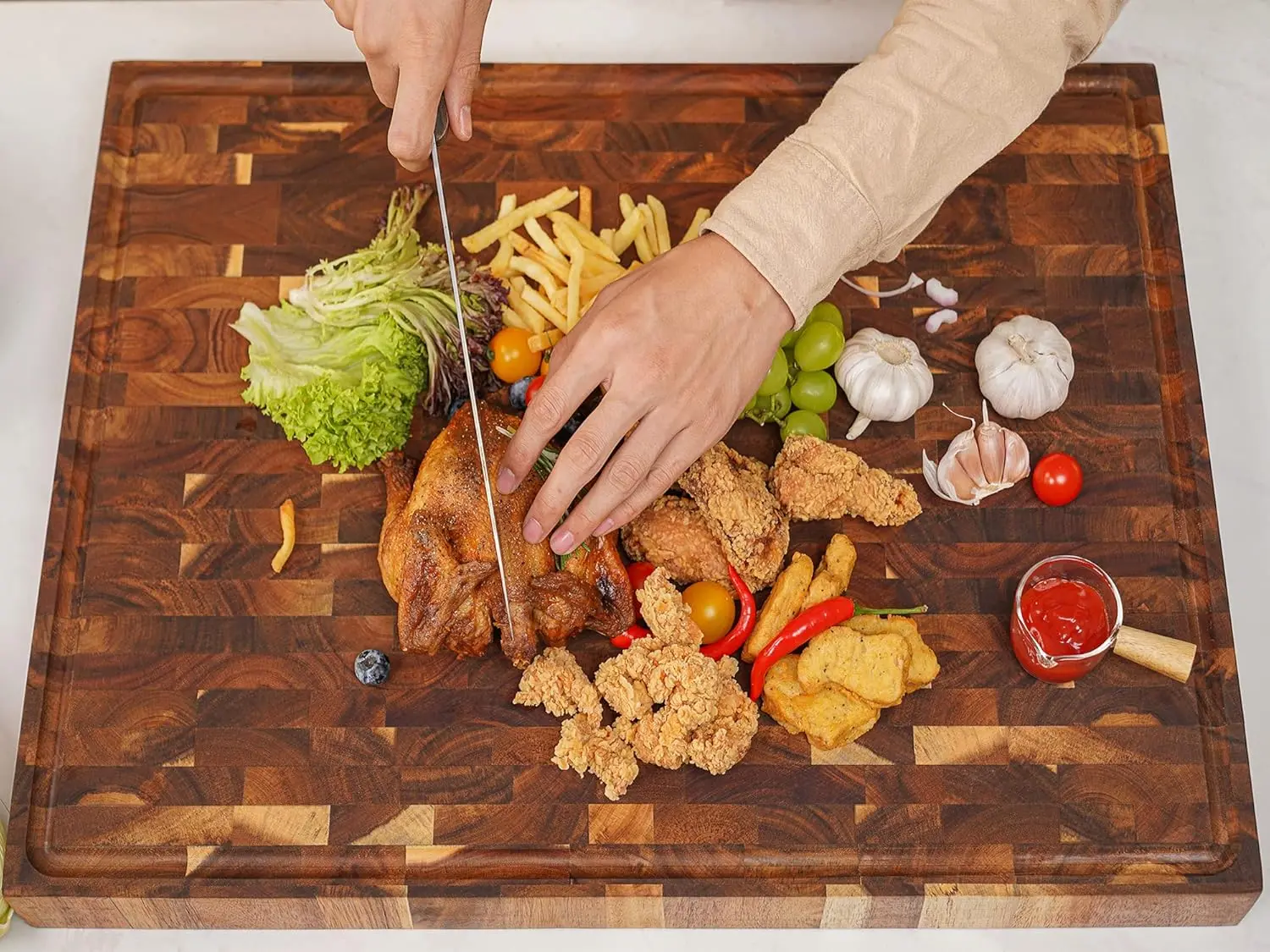 hom Extra Large Thick Acacia Wood End Grain Cutting Board 24X18X2 In, Wooden Butcher Block, Chopping Board For Kitchen With