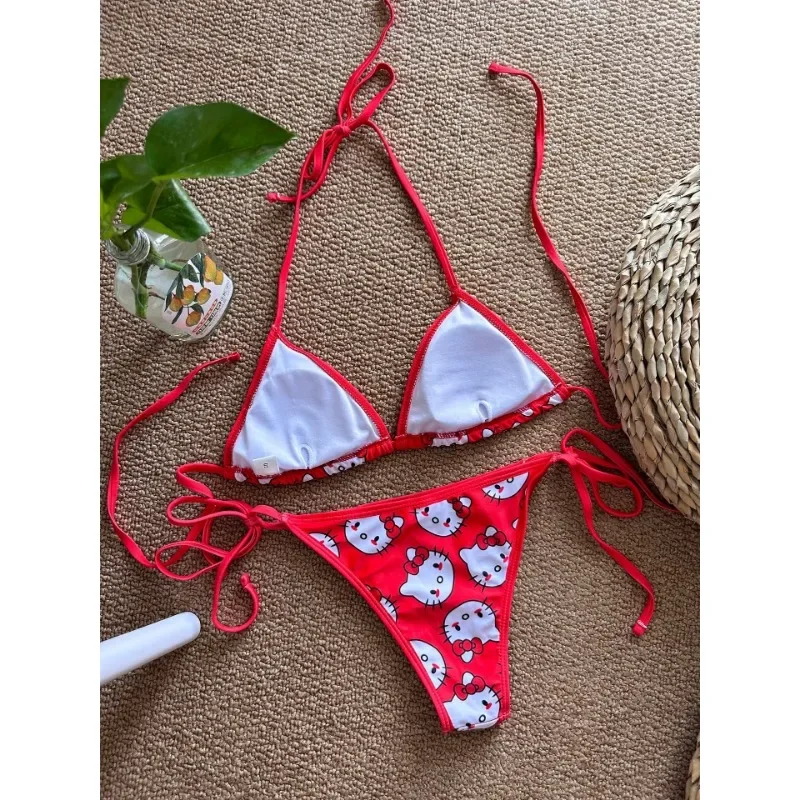 2024 Cute HelloKitty Print Girls Sexy Bikini Swimsuit Women Swimwear Bikini Set Beachwear Lingerie Elasticity Slips On Vacation