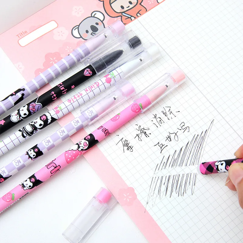 Imagem -04 - Sanrio Portátil Apagável Caneta Neutra Kuromi Kawaii dos Desenhos Animados Agulha Completa Estudante Preto Quente Apagável Caneta Papelaria de Escritório 12 Encaixotado