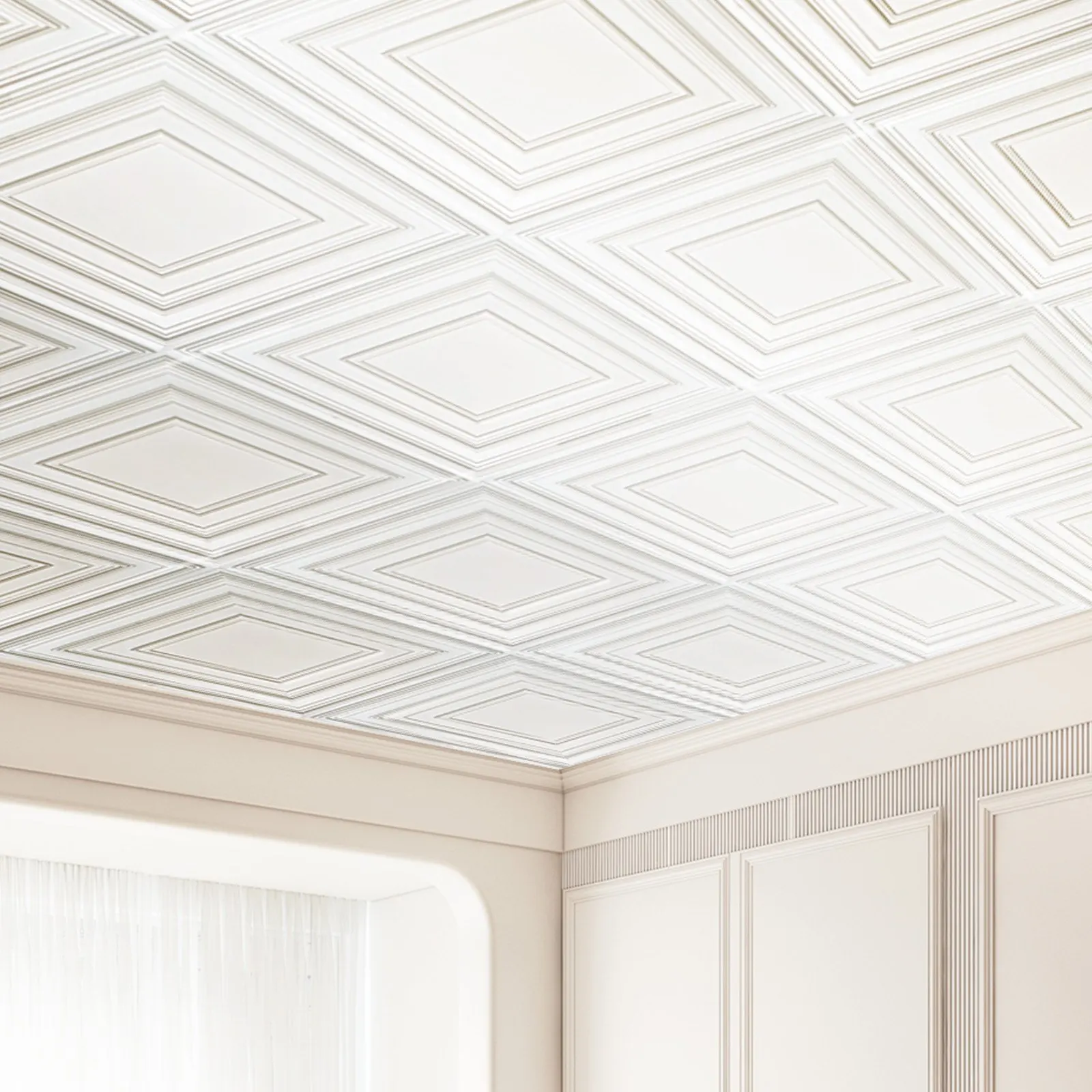 Lot de 12 dalles de plafond en PVC de 24 x 24 pouces, revêtement de plafond en plastique auto-adhésif, installation facile à découper, motif de points blancs pour la rénovation de la maison et du bureau