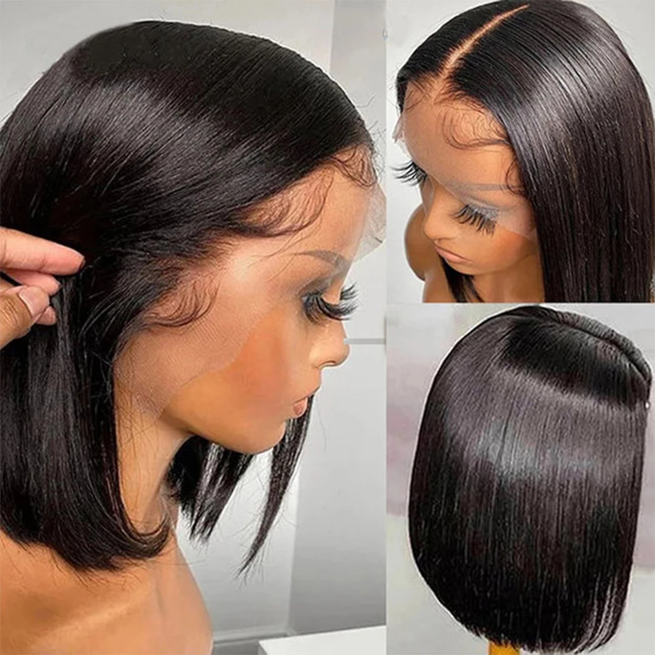 Osso em linha reta curto bob perucas 100% perucas de cabelo humano usar e ir sem cola peruca dianteira do laço brasileiro frente do laço perucas de cabelo humano 180%
