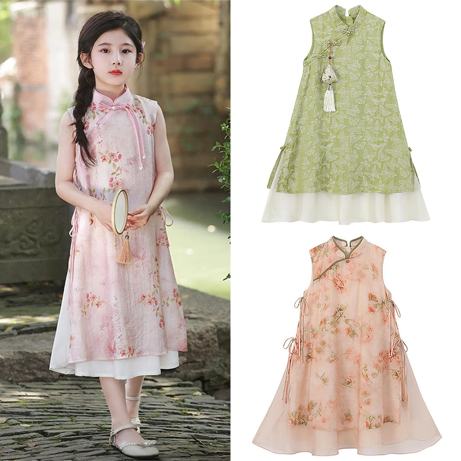 New Chinese Style Hanfu Cheongsam Girls Floral Butterfly Fairy Qi Pao Children Sleeveless Festival Performance Birthday Clothes