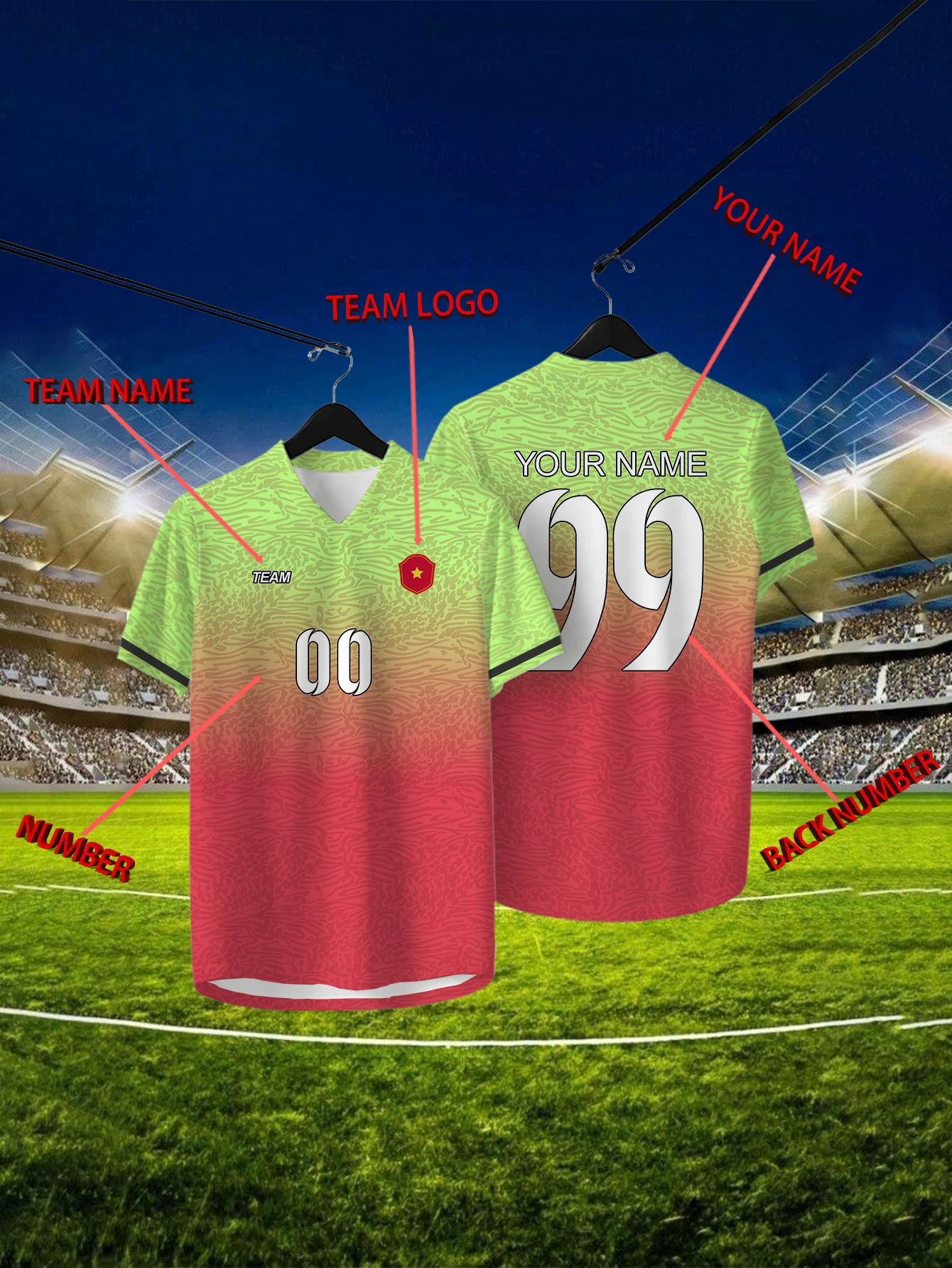 

Customized Geometric Red Short Sleeved Shirt with Team Name, Emblem, Name and Number, Outdoor Sports Short Sleeved T-shirt