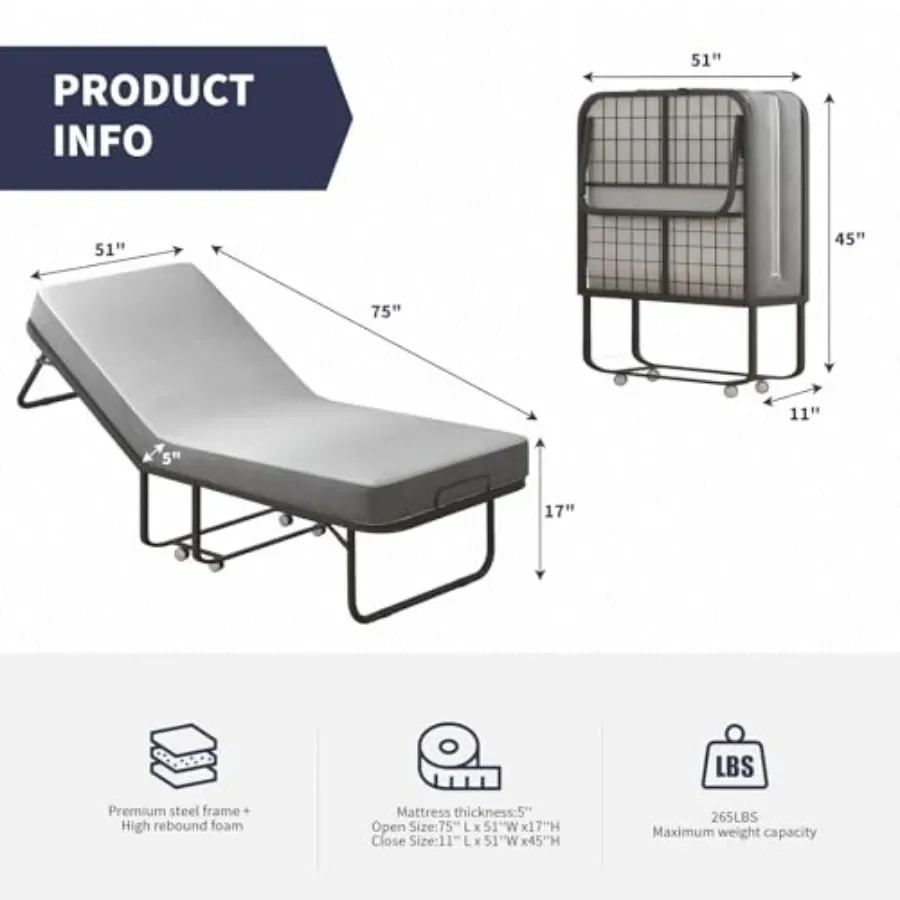 Folding Bed for Adults, 75 x 51 Queen Size Rollaway Bed with 5 Thick Memory Foam Mattress, Space-Saving Foldable Portable Guest